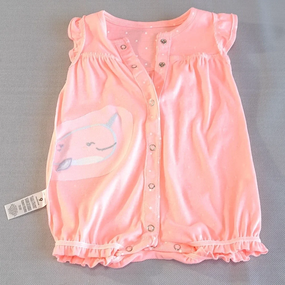Carter's Girl's Narwhal Snap-Up Romper Size 9-Months Pink/Coral Ruffle Arms Legs